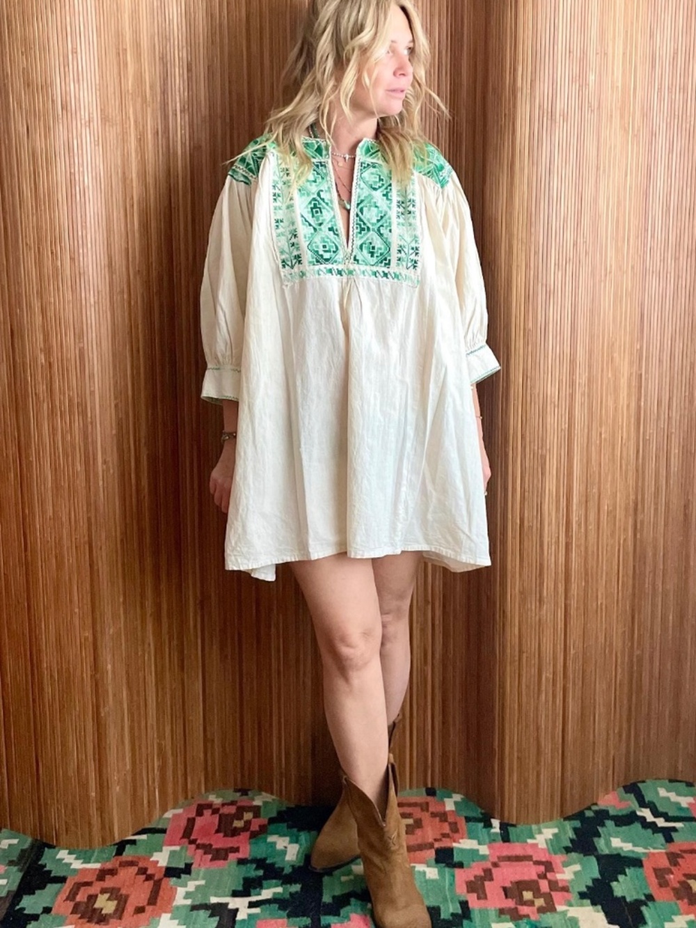 Vintage Oaxacan Hand Loomed Cotton Mini Dress - Mexican Embroidered Boho Tunic
